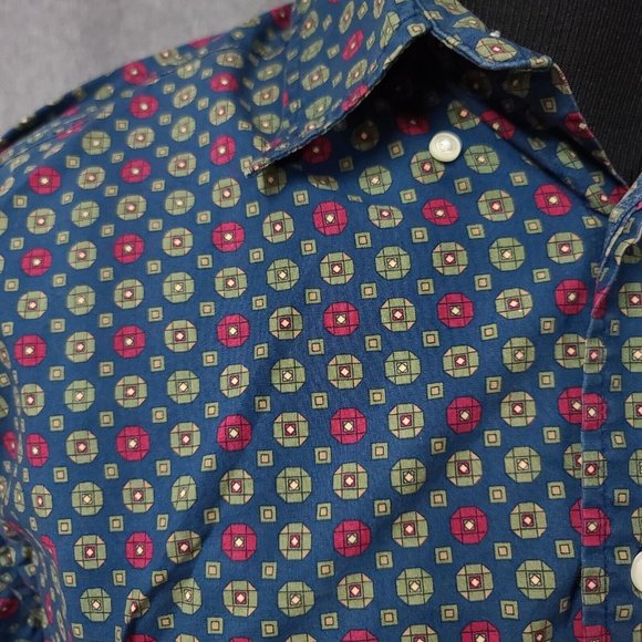 Dockers Mens Medium Blue Green Diamond Geometric Long Sleeve Button Up Shirt - Picture 4 of 11
